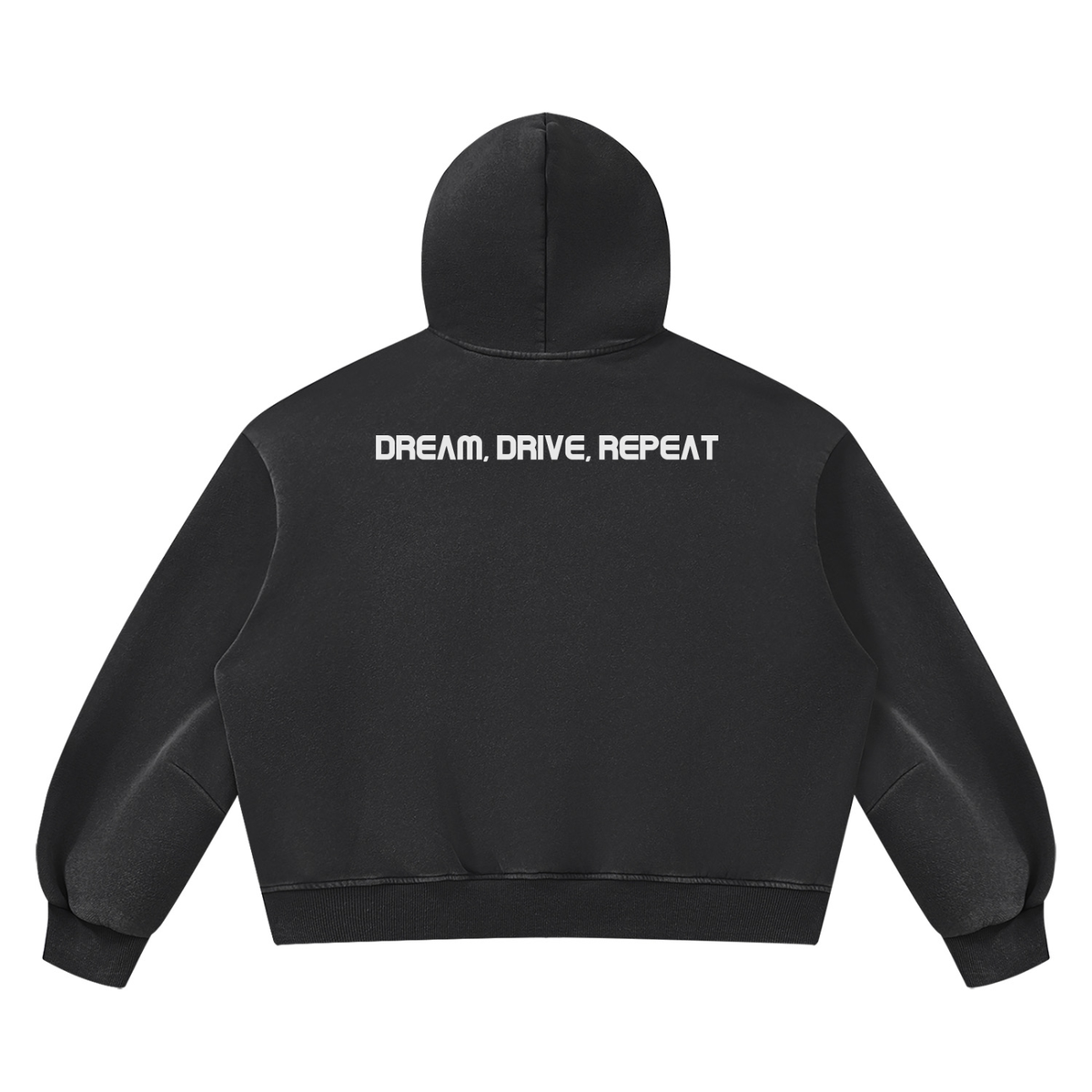 Essential Hoodie in Black, back, Dream, Drive, Repeat across the shoulders