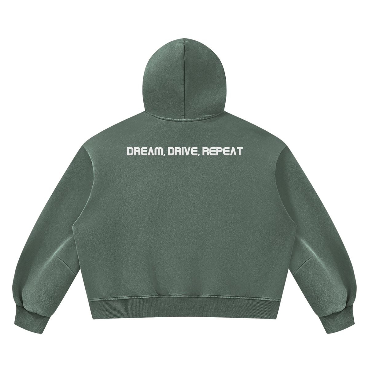 Essential Hoodie in Washed Green, back, Dream, Drive, Repeat across the shoulders