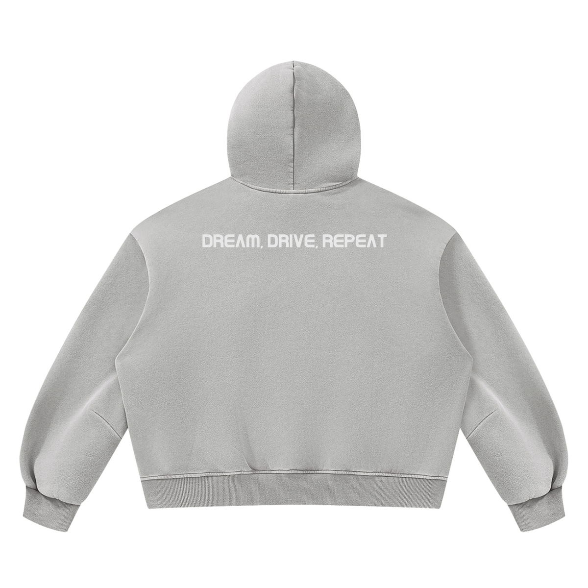 Essential Hoodie in Light Gray, back, Dream, Drive, Repeat across the shoulders