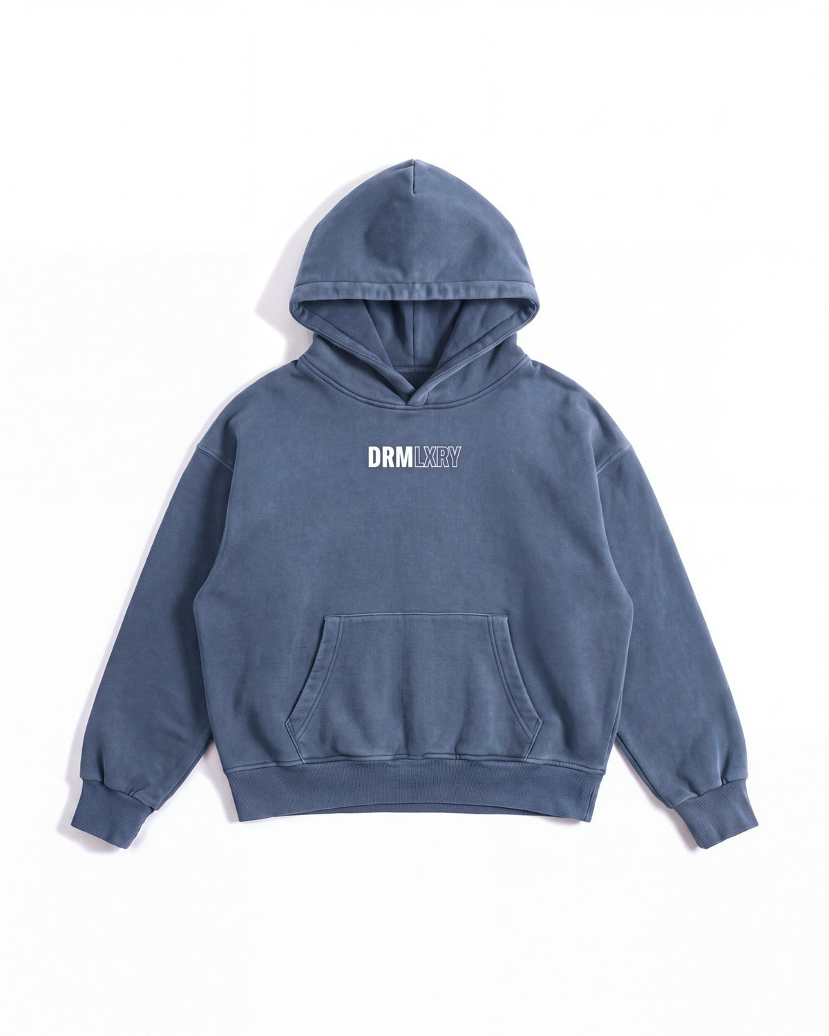 Essential Hoodie in Washed Blue, front, small DRMLXRY wordmark on the chest
