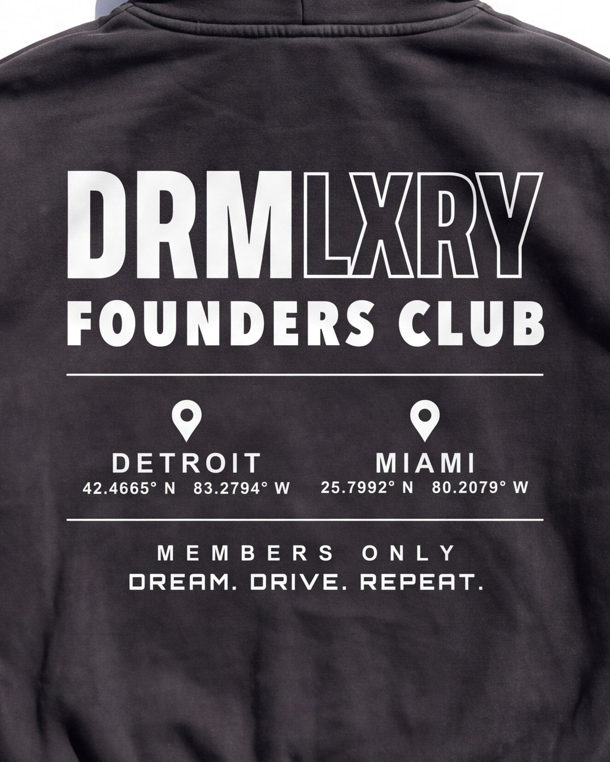 Founders Club Hoodie, back print close-up with Detroit and Miami coordinates