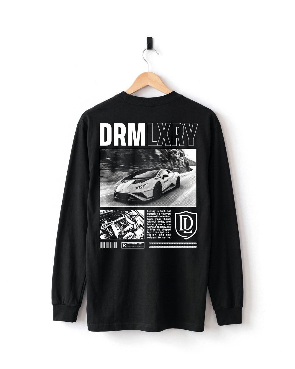 DRMLXRY Spec Sheet Long Sleeve, on a hanger