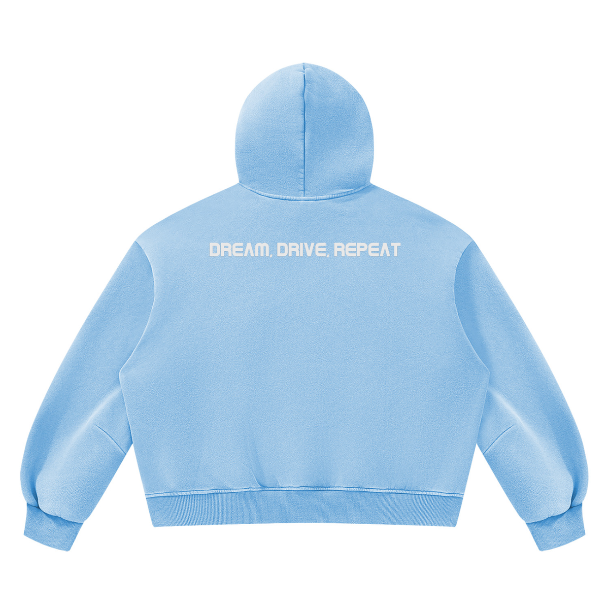 Essential Hoodie in Light Blue, back, Dream, Drive, Repeat across the shoulders