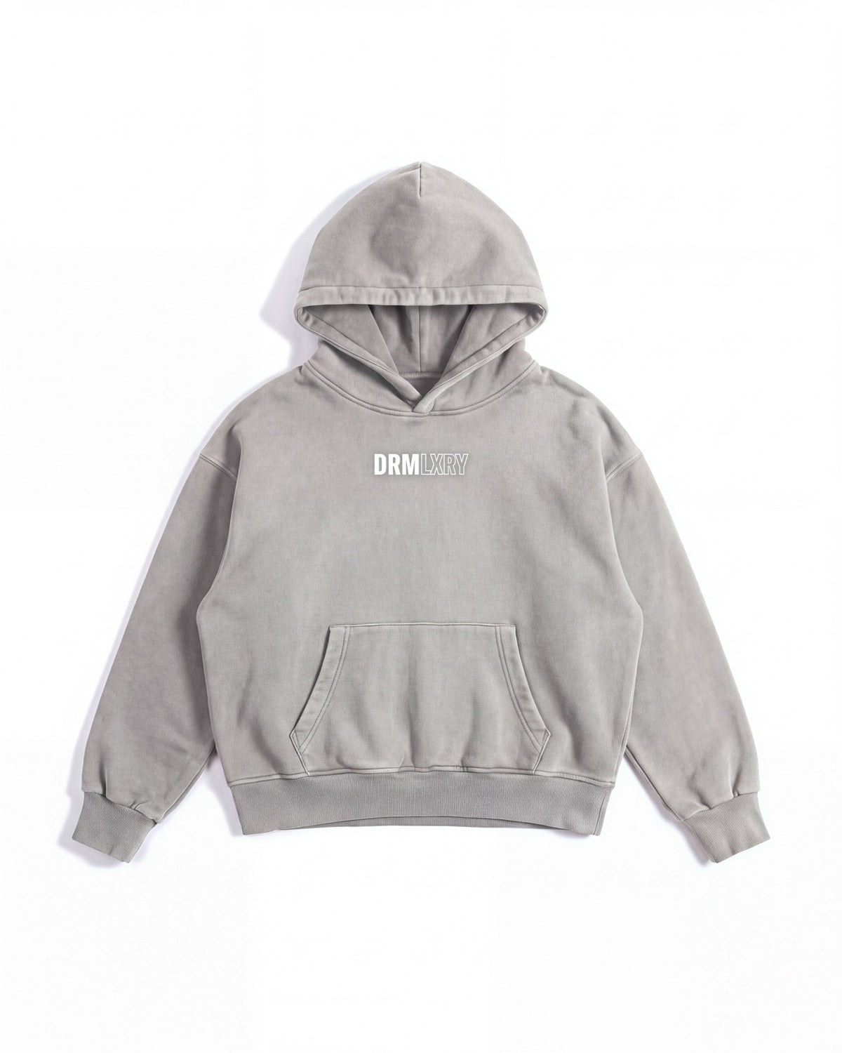 Essential Hoodie in Light Gray, front, small DRMLXRY wordmark on the chest